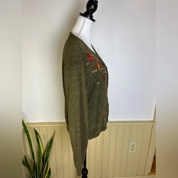 VTG Erika & Co Embroidered Cardigan Sweater XL Fall Leaves Cottage Grannycore - Picture 3 of 10